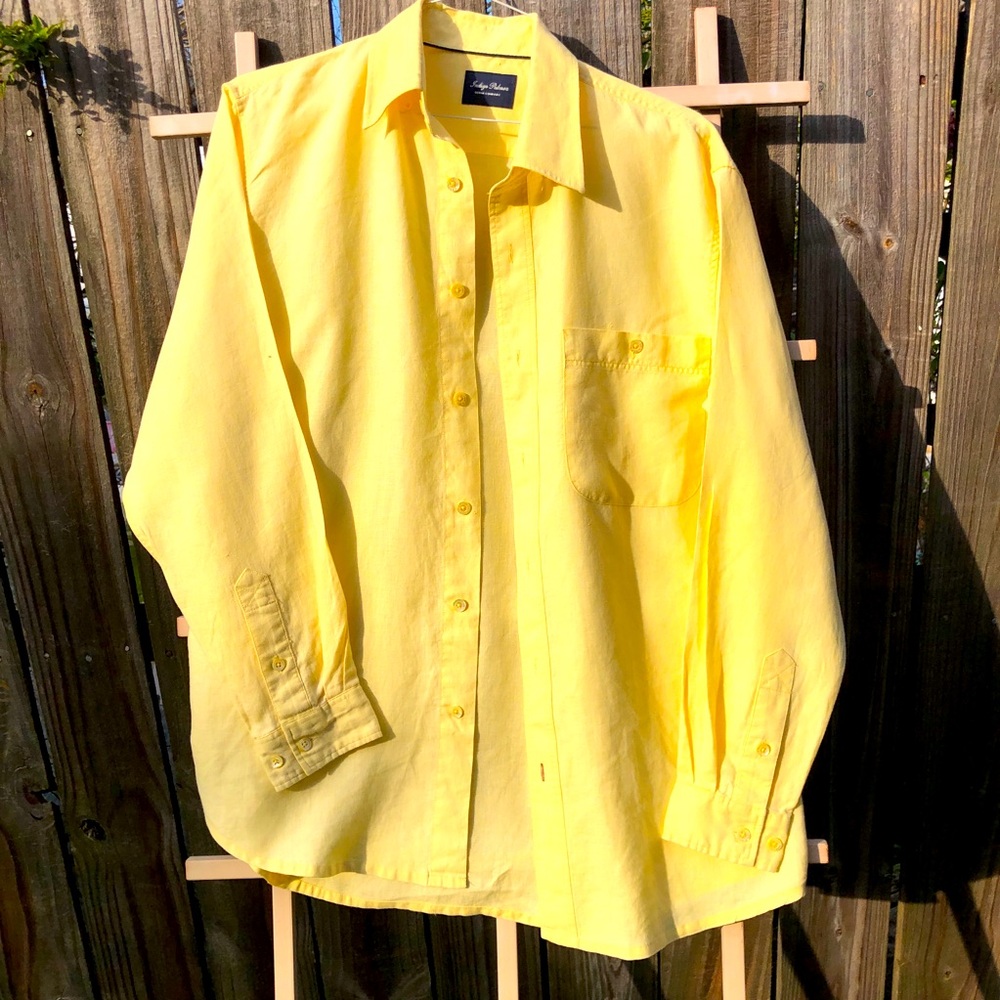 Indigo Palms Linen Button Down Shirt Yellow M